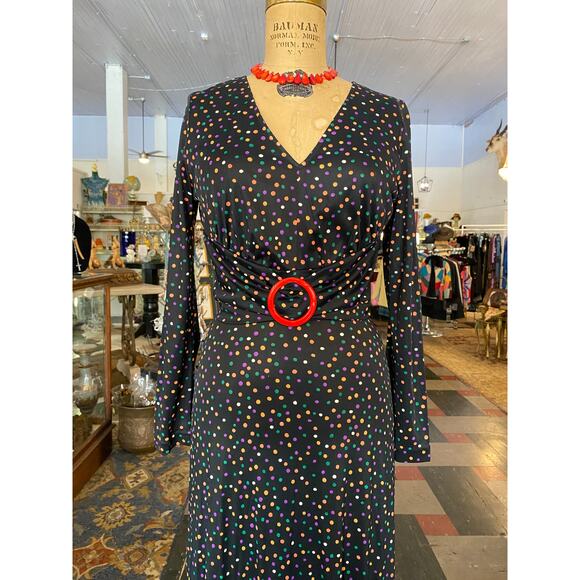 1970s maxi dress, rainbow polka dots, betty lou, 70s does 30s, 1930s style dress - Picture 2 of 10